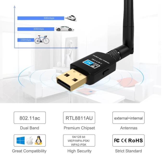 USB Wifi Adapter 600mbps Dual 2.4GHz+5.8GHz Wifi Dongle AC RTL8811AU